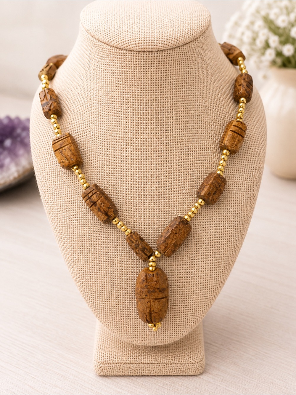 Handcrafted Wooden Scarab Bead Necklace with Gold Tone Accents